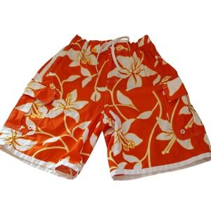 No Boundaries Board Shorts‎ Hawaiian Orange Hibiscus Swim Trunks Mens Small SEE